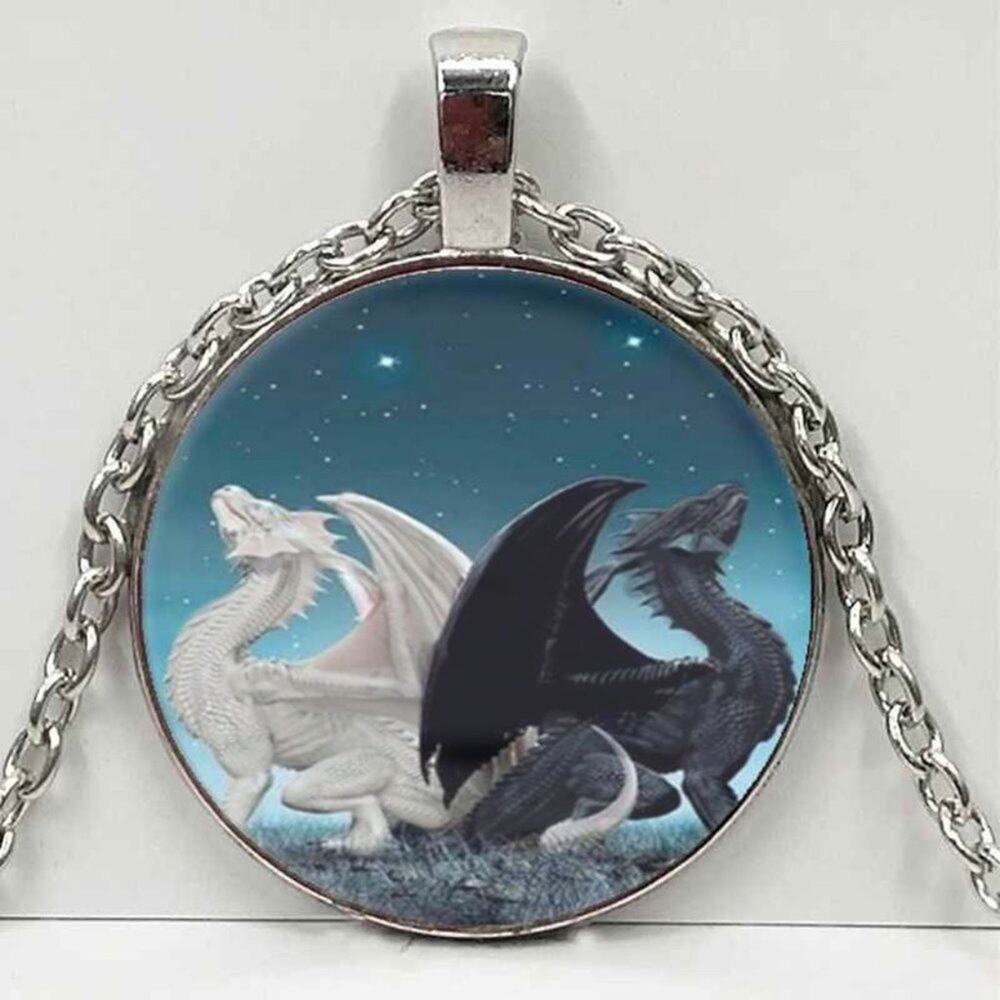 Black & White Dragons Cabochon Pendant Necklace